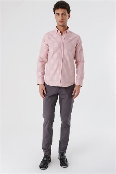 Pudra Kısalabilir Kollu Desenli JakarlıCepsiz %100 Pamuk Casual Slim Fit Gömlek 1004230183