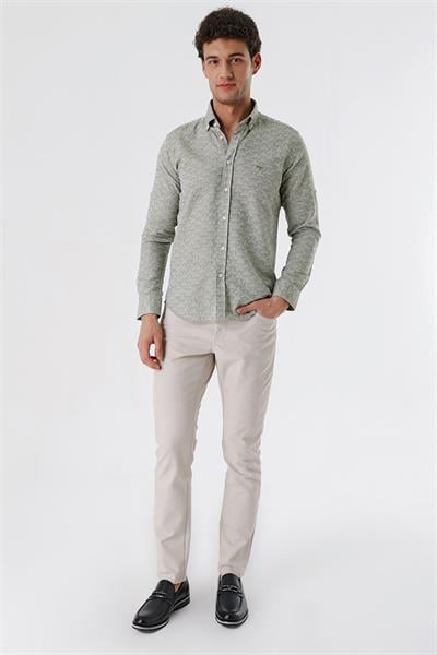 Koyu Haki Kısalabilir Kollu Desenli JakarlıCepsiz %100 Pamuk Casual Slim Fit Gömlek 1004230181