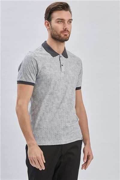 Koyu Antrasit Baskılı Pike Polo Yaka Pamuklu Likralı Casual Slim Fit Dar Kesim Tişört 1011240158