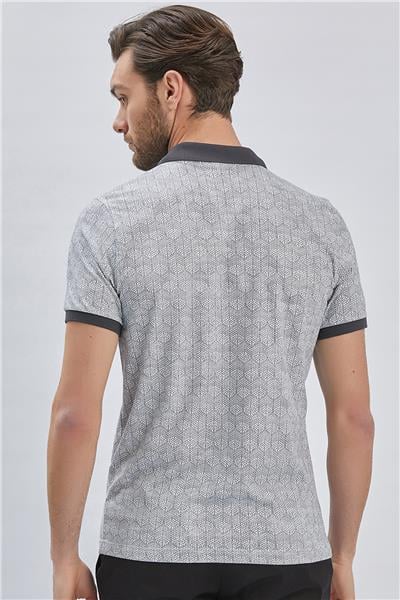 Koyu Antrasit Baskılı Pike Polo Yaka Pamuklu Likralı Casual Slim Fit Dar Kesim Tişört 1011240158
