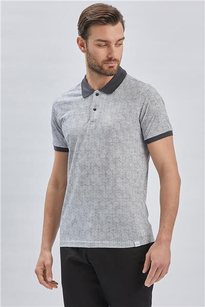 Koyu Antrasit Baskılı Pike Polo Yaka Pamuklu Likralı Casual Slim Fit Dar Kesim Tişört 1011240158