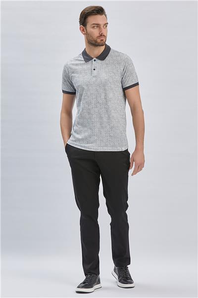 Koyu Antrasit Baskılı Pike Polo Yaka Pamuklu Likralı Casual Slim Fit Dar Kesim Tişört 1011240158