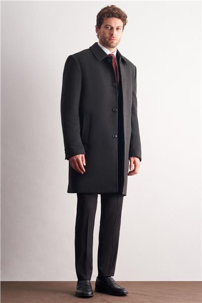 Koyu Antrasit Berberi Yaka Tam Astar Classic Comfort Fit Esnek Kaşe Palto 1005255152