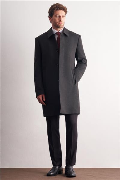 Koyu Antrasit Berberi Yaka Tam Astar Classic Comfort Fit Esnek Kaşe Palto 1005255152