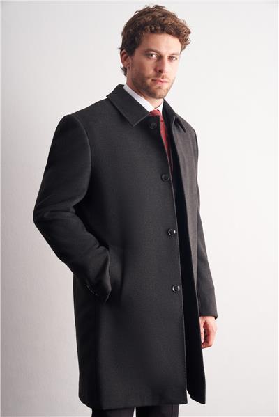 Koyu Antrasit Berberi Yaka Tam Astar Classic Comfort Fit Esnek Kaşe Palto 1005255152