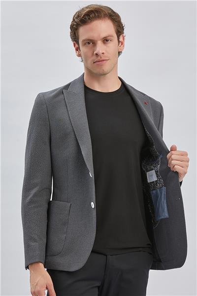 Koyu Antrasit Desenli Kırlangıç Yaka Likralı 6 Drop Slim Fit Dar Kesim Casual Ceket 1002240155