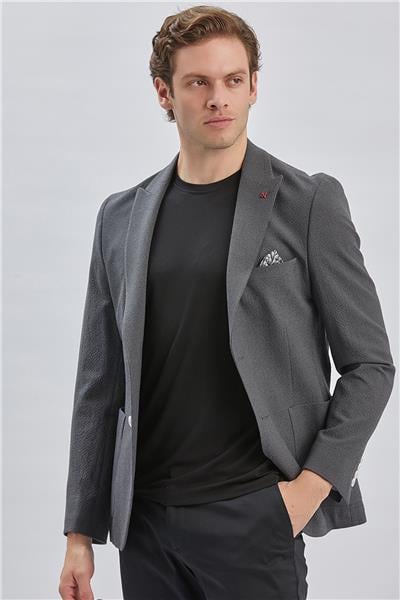 Koyu Antrasit Desenli Kırlangıç Yaka Likralı 6 Drop Slim Fit Dar Kesim Casual Ceket 1002240155