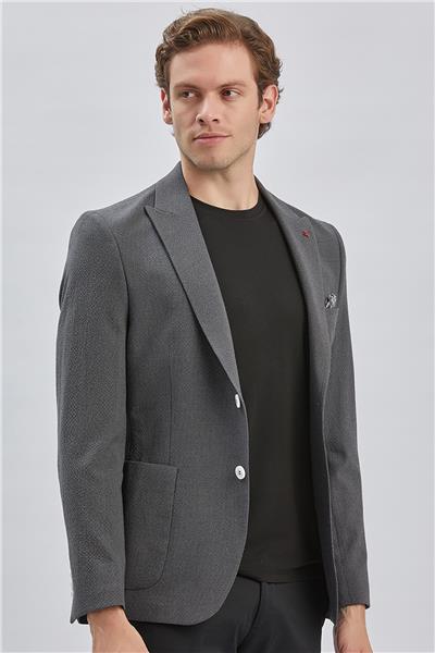 Koyu Antrasit Desenli Kırlangıç Yaka Likralı 6 Drop Slim Fit Dar Kesim Casual Ceket 1002240155