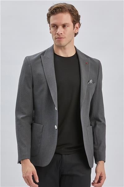 Koyu Antrasit Desenli Kırlangıç Yaka Likralı 6 Drop Slim Fit Dar Kesim Casual Ceket 1002240155
