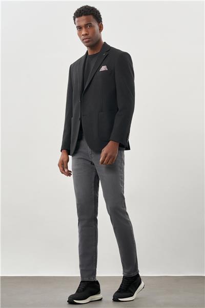 Koyu Antrasit Desenli Örme Mono Yaka Tam Astar Esnek 6 Drop Comfort Fit Casual Ceket 1002245163