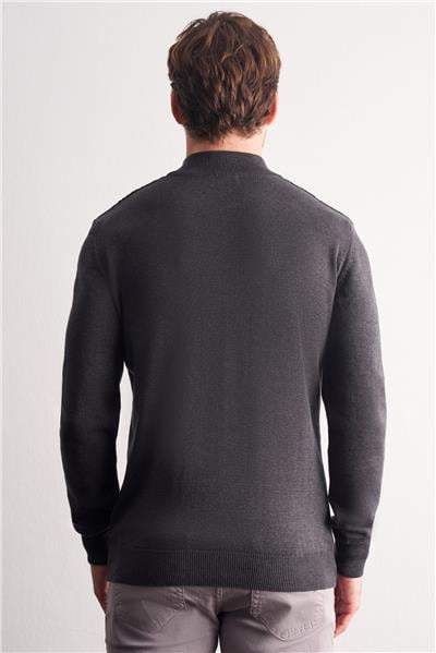 Koyu Antrasit Dik Yaka Uzun Kol Cepsiz Slim Fit Casual Pamuklu Triko Kazak 1012255108