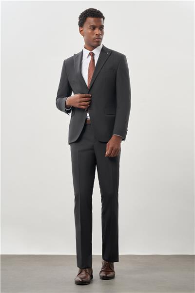 Koyu Antrasit Düz Kılıç Yaka Yünlü 6 Drop Slim Fit Classic Takım Elbise 1001245179