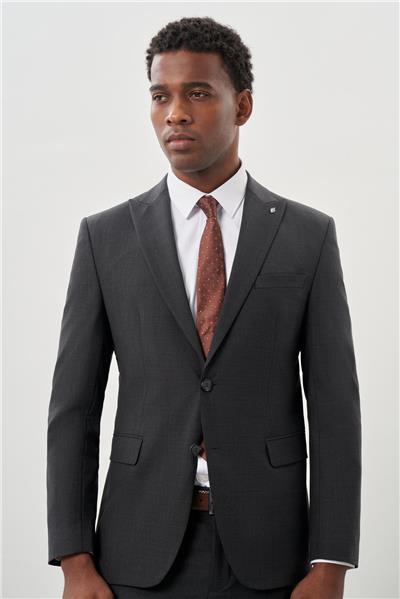 Koyu Antrasit Düz Kılıç Yaka Yünlü 6 Drop Slim Fit Classic Takım Elbise 1001245179