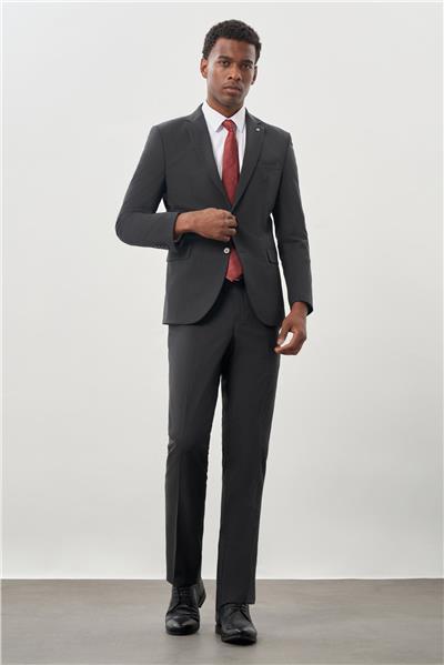 Koyu Antrasit Düz Mono Yaka Yünlü 6 Drop Comfort Fit Classic Takım Elbise 1001245180