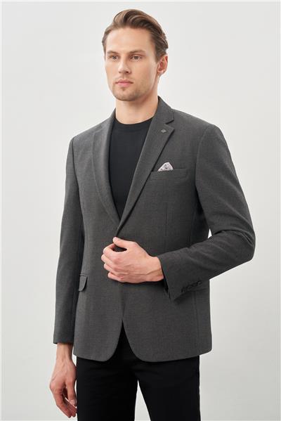 Koyu Antrasit Gabardin Mono Yaka Tam Astar Esnek 6 Drop Slim Fit Casual Ceket 1002245162