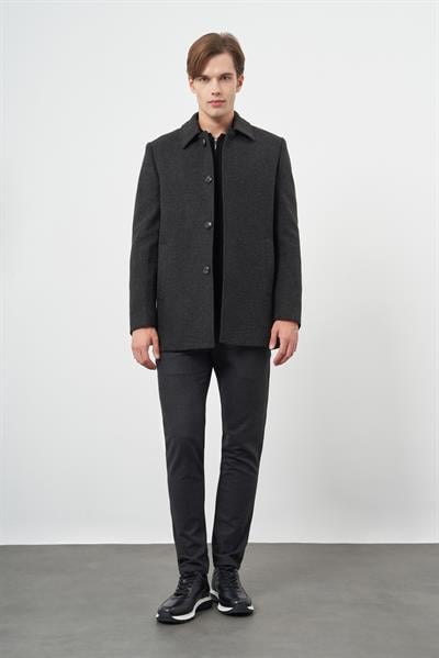 Koyu Antrasit Kaşe Bebe Yaka Kendinden Sırt Kapitoneli Astar Comfort Fit Classic Kaban 1008245154