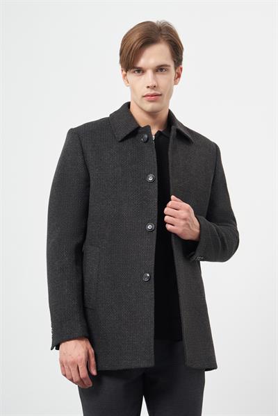 Koyu Antrasit Kaşe Bebe Yaka Kendinden Sırt Kapitoneli Astar Comfort Fit Classic Kaban 1008245154