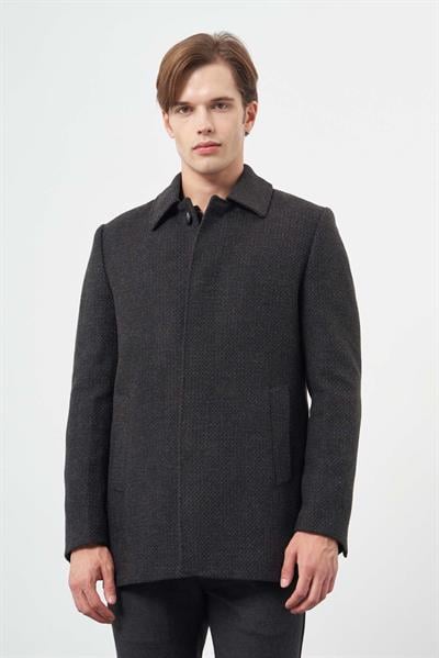 Koyu Antrasit Kaşe Bebe Yaka Kendinden Sırt Kapitoneli Astar Comfort Fit Classic Kaban 1008245154