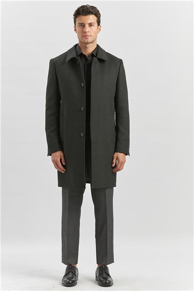 Koyu Antrasit Kaşe Berberi Yaka Yırtmaçlı Kapitoneli Astar Comfort Fit Rahat Kesim Palto 1005245152