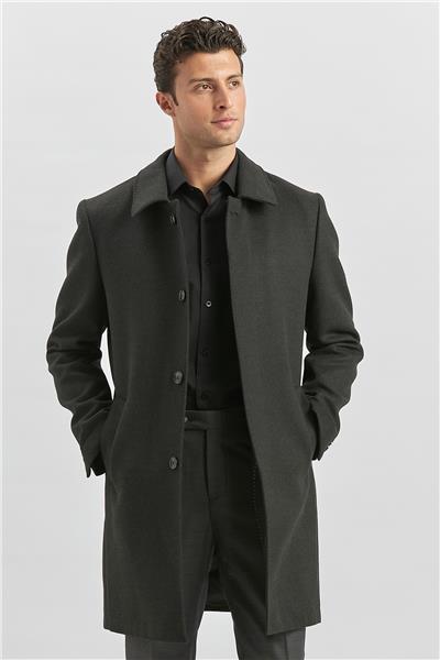 Koyu Antrasit Kaşe Berberi Yaka Yırtmaçlı Kapitoneli Astar Comfort Fit Rahat Kesim Palto 1005245152