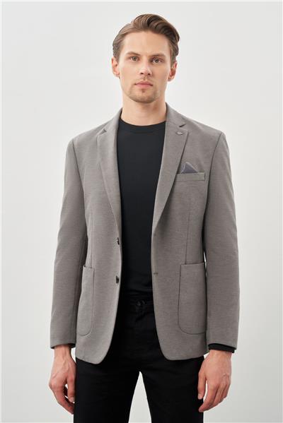 Koyu Antrasit Kazayağı Desen Örme Mono Yaka 2 Düğme 6 Drop Slim Fit Classic Ceket 1002245166_070