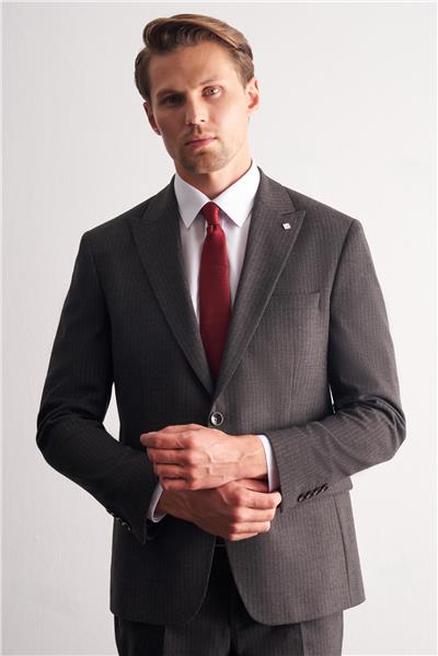 Koyu Antrasit Kırlangıç Yaka Çizgili Desen Esnek 6 Drop Slim Fit Classic Takım Elbise 1001255165