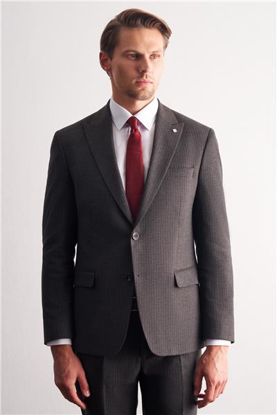 Koyu Antrasit Kırlangıç Yaka Çizgili Desen Esnek 6 Drop Slim Fit Classic Takım Elbise 1001255165