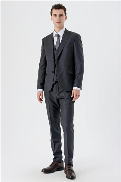 Koyu Antrasit Kırlangıç Yaka Yelekli 6 Drop Slim Fit Dar Kesim Klasik Takım Elbise 1001235166