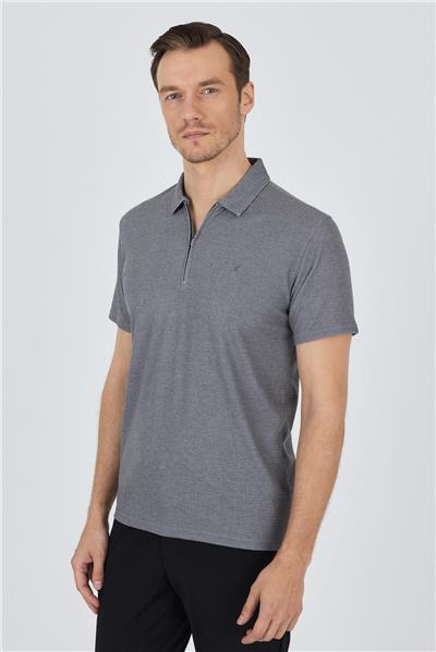 Koyu Antrasit Polo Yaka Kısa Kol Cepsiz Slim Fit Classic Tişört 1011250176