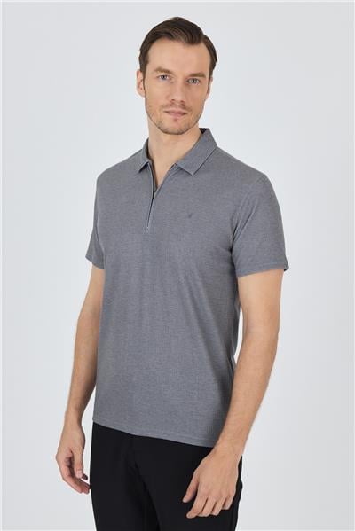 Koyu Antrasit Polo Yaka Kısa Kol Cepsiz Slim Fit Classic Tişört 1011250176