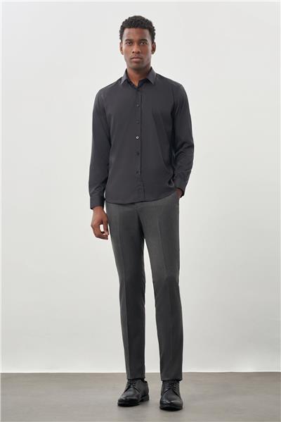Koyu Antrasit Uzun Kol Düz Bez Ayağı Sert Yaka Cepsiz Esnek Classic Slim Fit Gömlek 1004245223_070