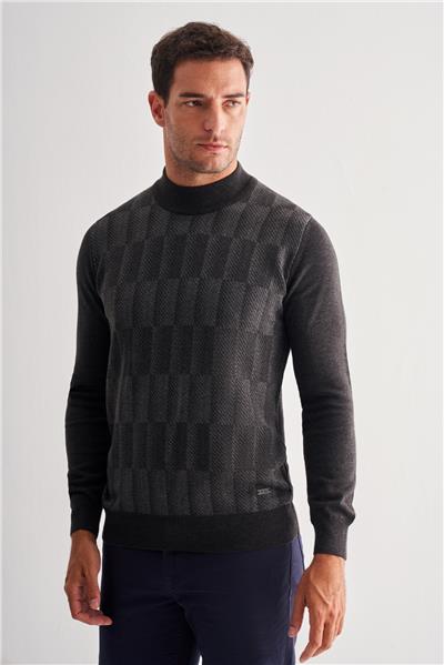 Koyu Antrasit Yarım Balıkçı Yaka Uzun Kol Cepsiz Comfort Fit Pamuklu Triko Kazak 1012255212