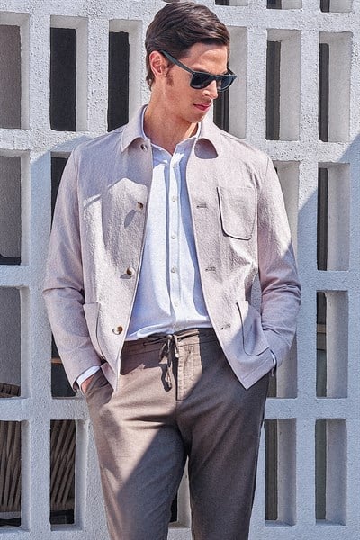 Bej Berberi Yaka Çizgili Desen Gofreli Slim Fit Casual Mont 1007260153