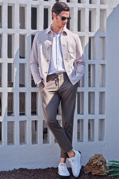 Bej Berberi Yaka Çizgili Desen Gofreli Slim Fit Casual Mont 1007260153