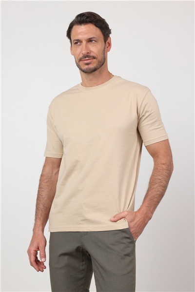 Koyu Bej Bisiklet Yaka Kısa Kol Cepsiz Slim Fit Pamuklu Tişört 1011260166