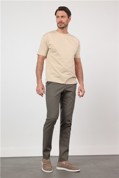 Koyu Bej Bisiklet Yaka Kısa Kol Cepsiz Slim Fit Pamuklu Tişört 1011260166