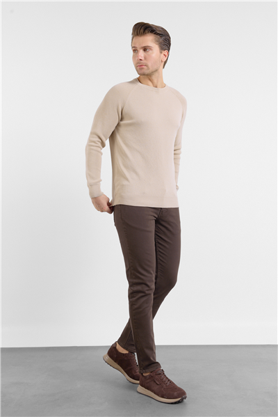 Bej Bisiklet Yaka Uzun Kol Cepsiz Standart Fit Kazak %100 Pamuk Triko 1012260150
