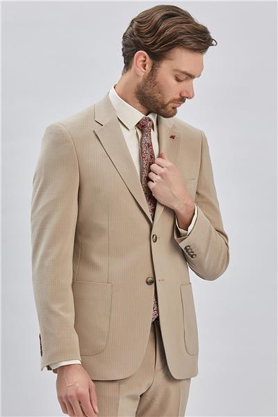 Koyu Bej Çizgili Mono Yaka Astarlı Likralı 6 Drop Slim Fit Dar Kesim Casual Takım Elbise 1001240171