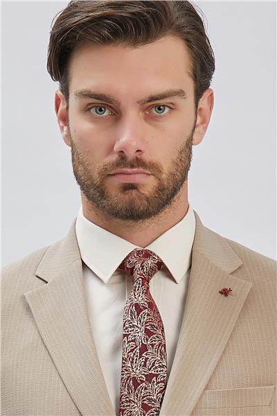 Koyu Bej Çizgili Mono Yaka Astarlı Likralı 6 Drop Slim Fit Dar Kesim Casual Takım Elbise 1001240171