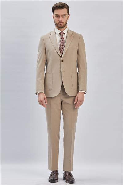 Koyu Bej Çizgili Mono Yaka Astarlı Likralı 6 Drop Slim Fit Dar Kesim Casual Takım Elbise 1001240171