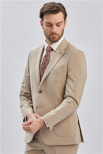 Koyu Bej Çizgili Mono Yaka Astarlı Likralı 6 Drop Slim Fit Dar Kesim Casual Takım Elbise 1001240171