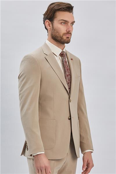 Koyu Bej Çizgili Mono Yaka Astarlı Likralı 6 Drop Slim Fit Dar Kesim Casual Takım Elbise 1001240171