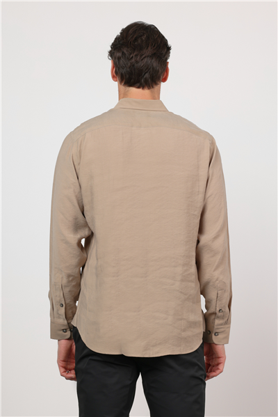 Bej Düğmeli Yaka Uzun Kol Cepsiz Slim Fit Modal Gömlek 1004260162