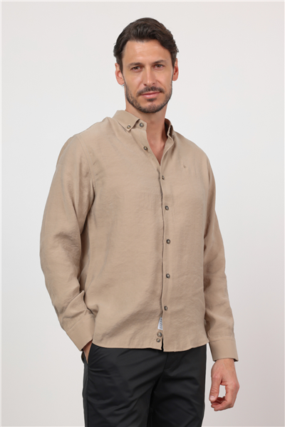 Bej Düğmeli Yaka Uzun Kol Cepsiz Slim Fit Modal Gömlek 1004260162