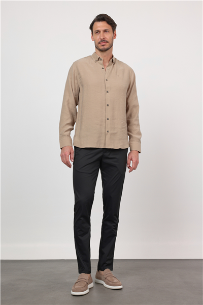 Bej Düğmeli Yaka Uzun Kol Cepsiz Slim Fit Modal Gömlek 1004260162