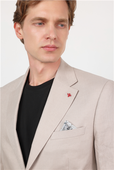 Koyu Bej Düz Desen Keten Mono Yaka 6 Drop Slim Fit %100 Keten Takım Elbise 1001260164