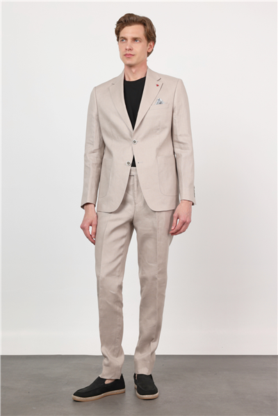 Koyu Bej Düz Desen Keten Mono Yaka 6 Drop Slim Fit %100 Keten Takım Elbise 1001260164