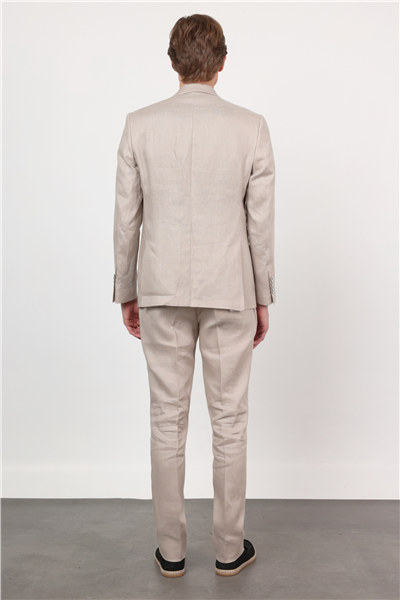 Koyu Bej Düz Desen Keten Mono Yaka 6 Drop Slim Fit %100 Keten Takım Elbise 1001260164