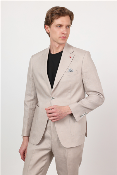Koyu Bej Düz Desen Keten Mono Yaka 6 Drop Slim Fit %100 Keten Takım Elbise 1001260164