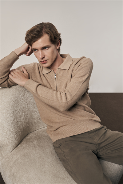 Koyu Bej Fermuarlı Polo Yaka Uzun Kol Cepsiz Comfort Fit Casual Pamuklu Triko Kazak 1012255202